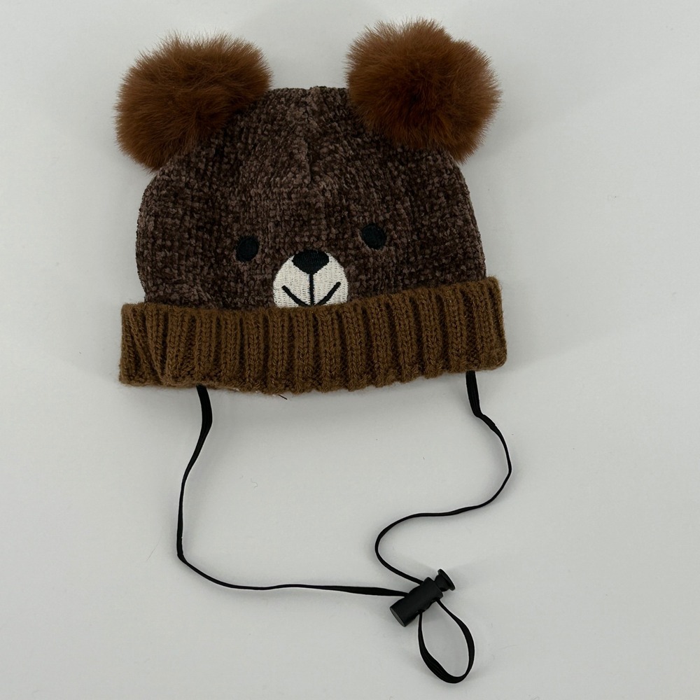 Dog Teddy Bear Winter Hat Brown Pom Pom Beanie Adjustable Chin Strap M/L
